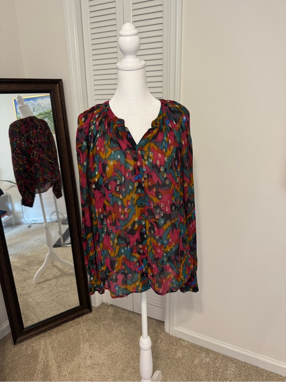 Sezane Multicolor Wave-Print V-Neck Long Sleeve Top